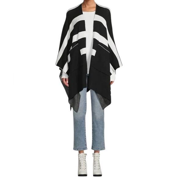 NWT Karl Lagerfeld Women's Black and White Striped Open Front Ruana - Picture 1 of 12